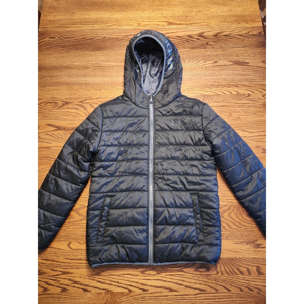 Under Armour Puffer Coat Boys Youth Large Black Cold‎ Gear Attached Hood